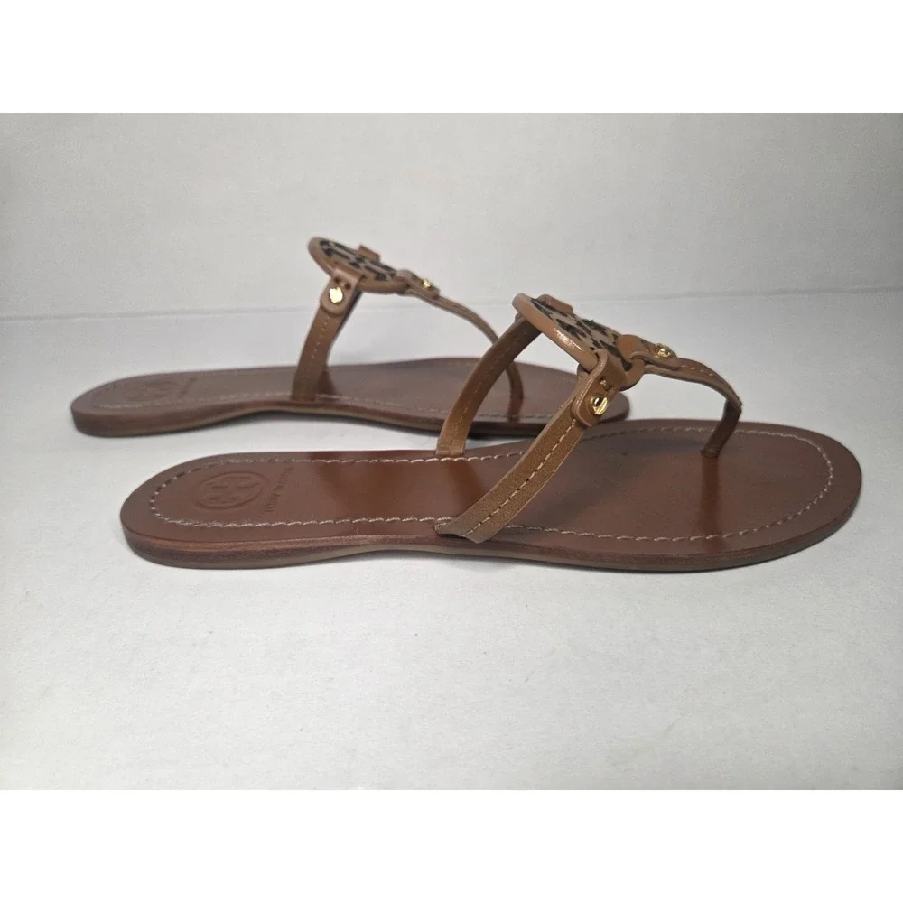 Tory Burch Miller Leather Thong Sandals Tan Brown Double T Logo Flat Women's 7.5
